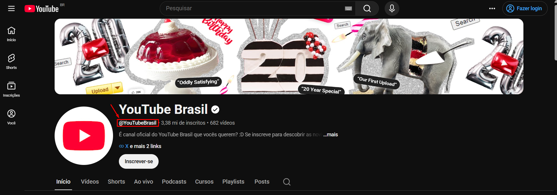 Exemplo: onde encontrar o @ do canal no YouTube
